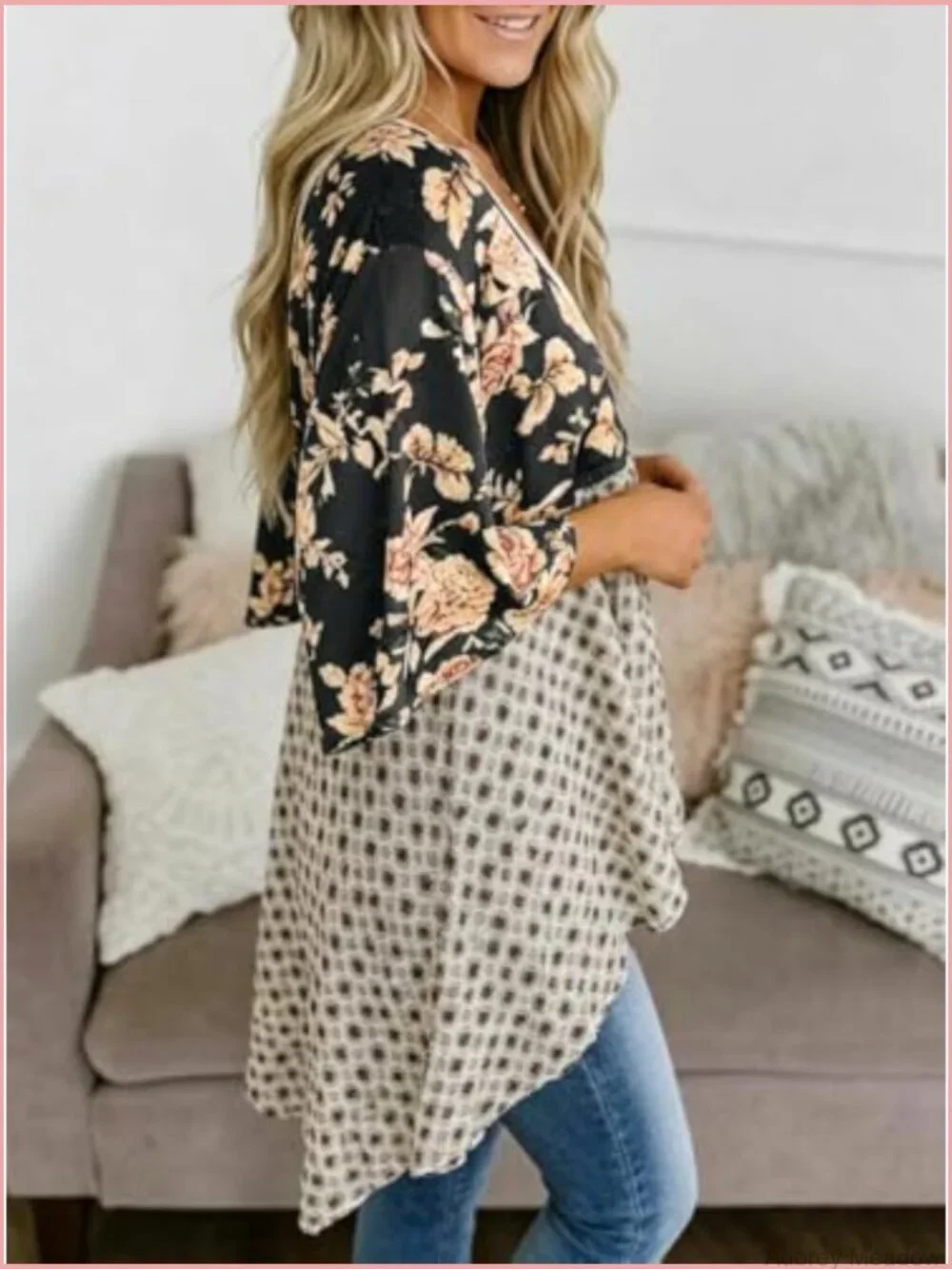 Floral Patchwork Kimono Cardigan - 3/4 Sleeve Tie Front Beach Cover Up
